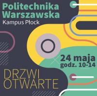 Plakat Drzwi Otwartych PW z datą 24 maja 2023 r. z symbolami geometrycznymmi